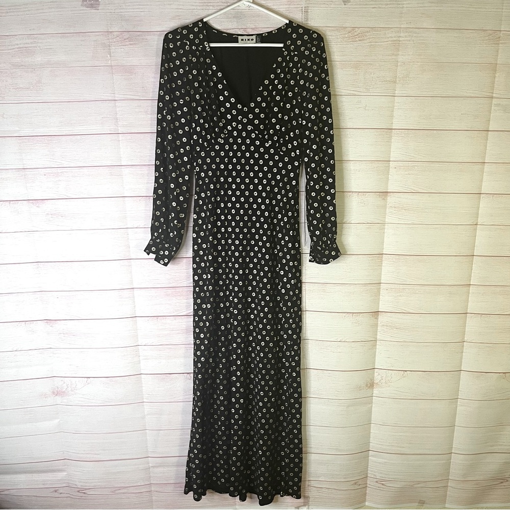 Rixo Mavis Black Gold‎ Foil-Print Maxi V-Neck Dress Size XS US4
